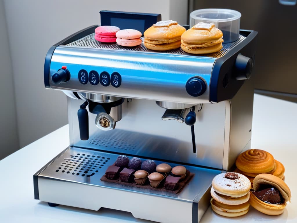  A minimalistic and professional image of a sleek, silver espresso machine surrounded by freshly baked gourmet pastries like flaky croissants, colorful macarons, and rich chocolate truffles. The machine is set against a clean, white backdrop, emphasizing its elegance and the artistry of gourmet dessertmaking. The lighting is soft, casting a warm glow over the scene, highlighting the fine details of the pastries and the espresso machine's polished surfaces. hyperrealistic, full body, detailed clothing, highly detailed, cinematic lighting, stunningly beautiful, intricate, sharp focus, f/1. 8, 85mm, (centered image composition), (professionally color graded), ((bright soft diffused light)), volumetric fog, trending on instagram, trending on tumblr, HDR 4K, 8K