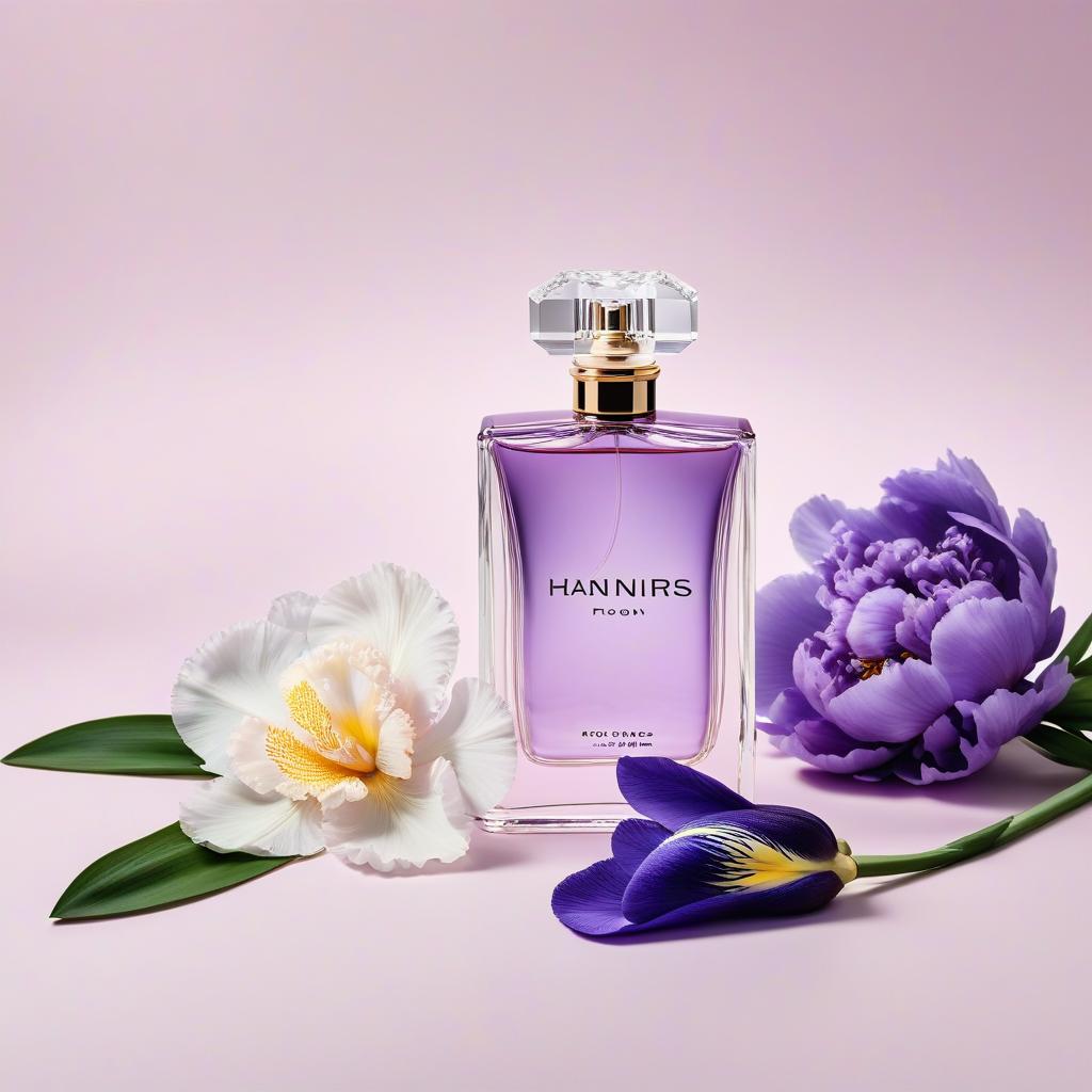  An editorial professional product photo of an elegant luxury womens fragrance bottle, different blooming iris and peony flowers laying around the bottle, empty space on the top of the image, copy space on top of the image, dreamy clean and minimalistic composition, photorealistic, high quality, detailed hyperrealistic, full body, detailed clothing, highly detailed, cinematic lighting, stunningly beautiful, intricate, sharp focus, f/1. 8, 85mm, (centered image composition), (professionally color graded), ((bright soft diffused light)), volumetric fog, trending on instagram, trending on tumblr, HDR 4K, 8K