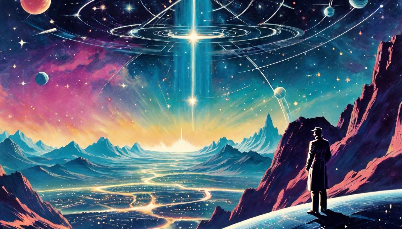  retro futuristic A figure standing at the edge of an interstellar map, gazing at a constellation shaped like a key, cosmic role, guided by the stars lvintage sci fi, 50s and 60s style, atomic age, vibrant, highly detailed