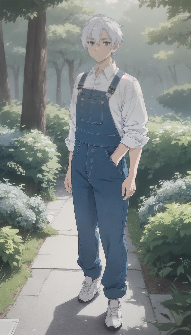  anime style of Shinji Aramaki, manga style of makoto shinkai, (man), (caucasian ethnicity, pale skin), young, wide body, blue eyes, slicked back hair, white hair, overalls white shirt clothing ,walking in park,  hyperrealistic, full body, detailed clothing, highly detailed, cinematic lighting, stunningly beautiful, intricate, sharp focus, f/1. 8, 85mm, (centered image composition), (professionally color graded), ((bright soft diffused light)), volumetric fog, trending on instagram, trending on tumblr, HDR 4K, 8K