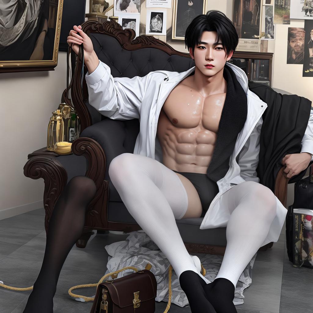  masterpiece, best quality, best quality, masterpiece, ultra high resolution, poster, very detailed face, 8k resolution, a male , front face, lying in , black tights, white socks, abs, undressed, sweaty, lifted