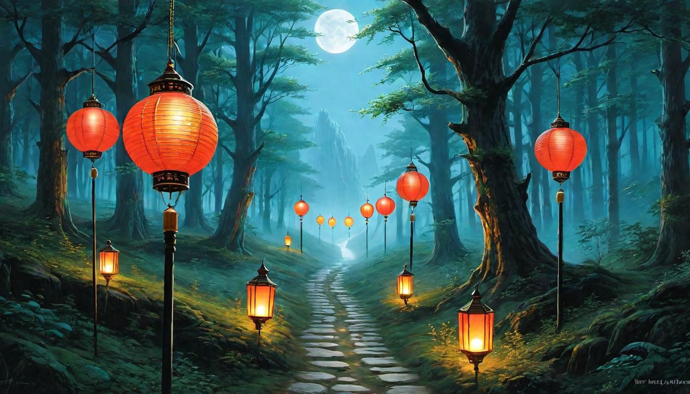  （surrealism)A path lined with glowing lanterns, leading the way through a forest, each lantern representing a milestone or lesson, path showing signs of footsteps, different types of terrain symbolizing various phases of a journey, guiding light forward mystic, intricate details, best quality)