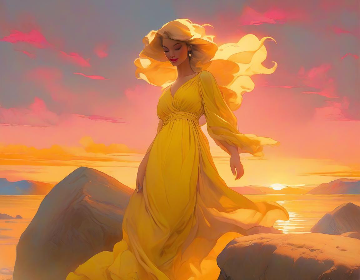  Pop Art style A painting of a woman in a flowing yellow dress reclining on rocks with a sunset over a body of water in the background. . bright colors, bold outlines, popular culture themes, ironic or kitsch hyperrealistic, full body, detailed clothing, highly detailed, cinematic lighting, stunningly beautiful, intricate, sharp focus, f/1. 8, 85mm, (centered image composition), (professionally color graded), ((bright soft diffused light)), volumetric fog, trending on instagram, trending on tumblr, HDR 4K, 8K