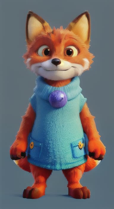  {Error the fox pressing the blue button with his paw, looking puzzled as nothing occurs., Error is a small, bright orange fox with a fluffy tail and big, inquisitive eyes. He has a mischievous yet kind expression and wears a tiny green scarf.