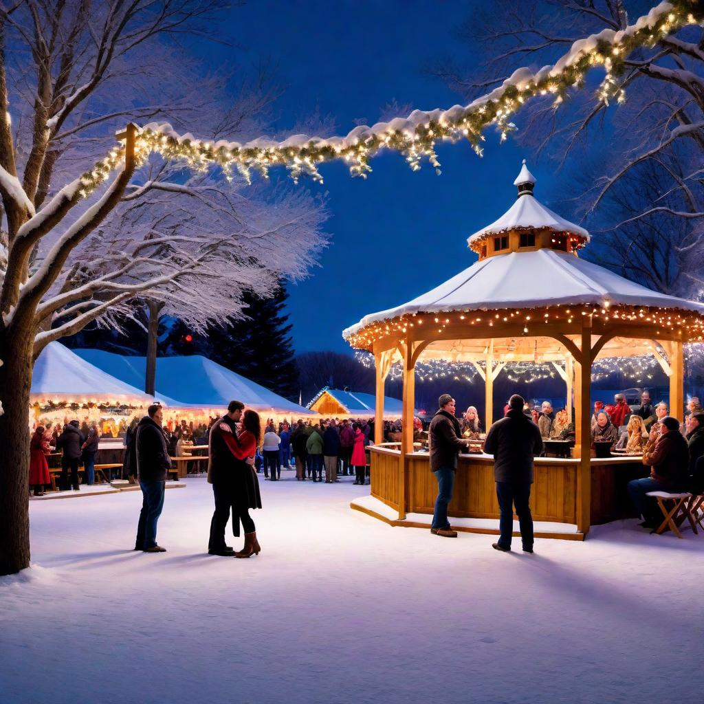  A beautiful winter scene during the Willow Creek Winter Festival. It's nighttime, and the town square is bustling with activity. Twinkling lights and lanterns hang above, illuminating the snow-covered ground and creating a magical atmosphere. Couples are dancing to the music of a live quartet playing in the gazebo. In the foreground, two people, Emma and Lucas, are in the midst of a heartfelt dance. Emma, an artist, has an expression of joy and vulnerability, while Lucas, a novelist, looks at her with deep affection and hope. The background shows festival stalls, a large Christmas tree adorned with lights, and other festival-goers wrapped in warm winter clothing, enjoying the festivities. The scene should capture the warmth of the moment, d hyperrealistic, full body, detailed clothing, highly detailed, cinematic lighting, stunningly beautiful, intricate, sharp focus, f/1. 8, 85mm, (centered image composition), (professionally color graded), ((bright soft diffused light)), volumetric fog, trending on instagram, trending on tumblr, HDR 4K, 8K