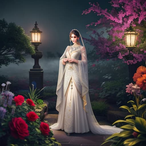  Garden Night hyperrealistic, full body, detailed clothing, highly detailed, cinematic lighting, stunningly beautiful, intricate, sharp focus, f/1. 8, 85mm, (centered image composition), (professionally color graded), ((bright soft diffused light)), volumetric fog, trending on instagram, trending on tumblr, HDR 4K, 8K