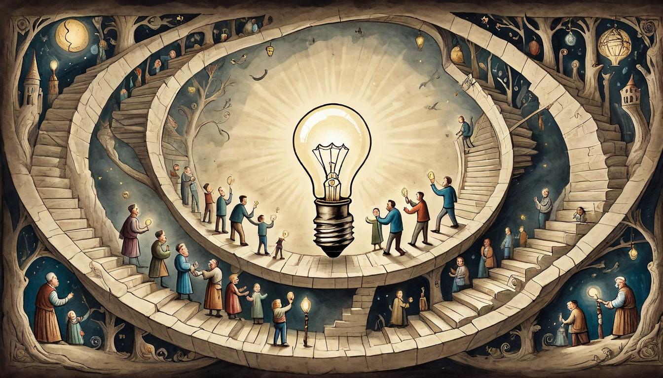  on parchment, surrealism+++, Open hands holding a lightbulb in which tiny figures are helping each other climb a spiral staircase, metaphor for lending unique aid, hands absent from focus, intricate details on teamwork within the bulb, illuminating support, shared ascent(mysterious, provocative, symbolic,muted color)+++