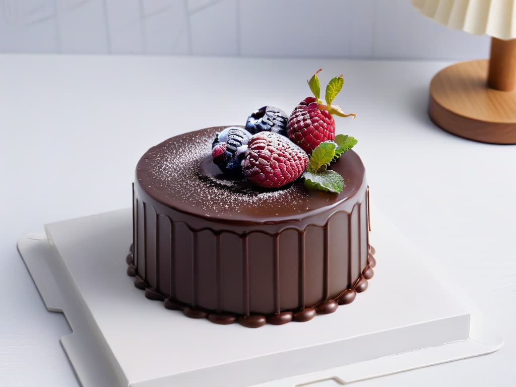  An elegant, highresolution image of a sleek, dark chocolate ganache cake placed on a pristine white plate. The cake is adorned with a single, meticulously placed raspberry on top, adding a vibrant pop of color against the rich chocolate backdrop. The smooth ganache glaze shimmers subtly under soft lighting, showcasing the flawless craftsmanship and attention to detail that epitomizes minimalist dessert design. hyperrealistic, full body, detailed clothing, highly detailed, cinematic lighting, stunningly beautiful, intricate, sharp focus, f/1. 8, 85mm, (centered image composition), (professionally color graded), ((bright soft diffused light)), volumetric fog, trending on instagram, trending on tumblr, HDR 4K, 8K