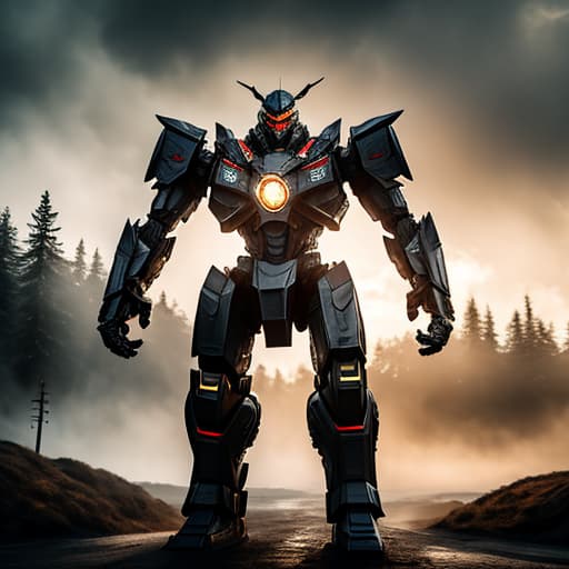  war of men and giant robots hyperrealistic, full body, detailed clothing, highly detailed, cinematic lighting, stunningly beautiful, intricate, sharp focus, f/1. 8, 85mm, (centered image composition), (professionally color graded), ((bright soft diffused light)), volumetric fog, trending on instagram, trending on tumblr, HDR 4K, 8K