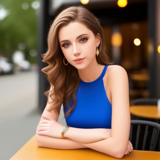  photo of young woman, highlight hair, sitting outside restaurant, wearing dress, rim lighting, studio lighting, looking at the camera