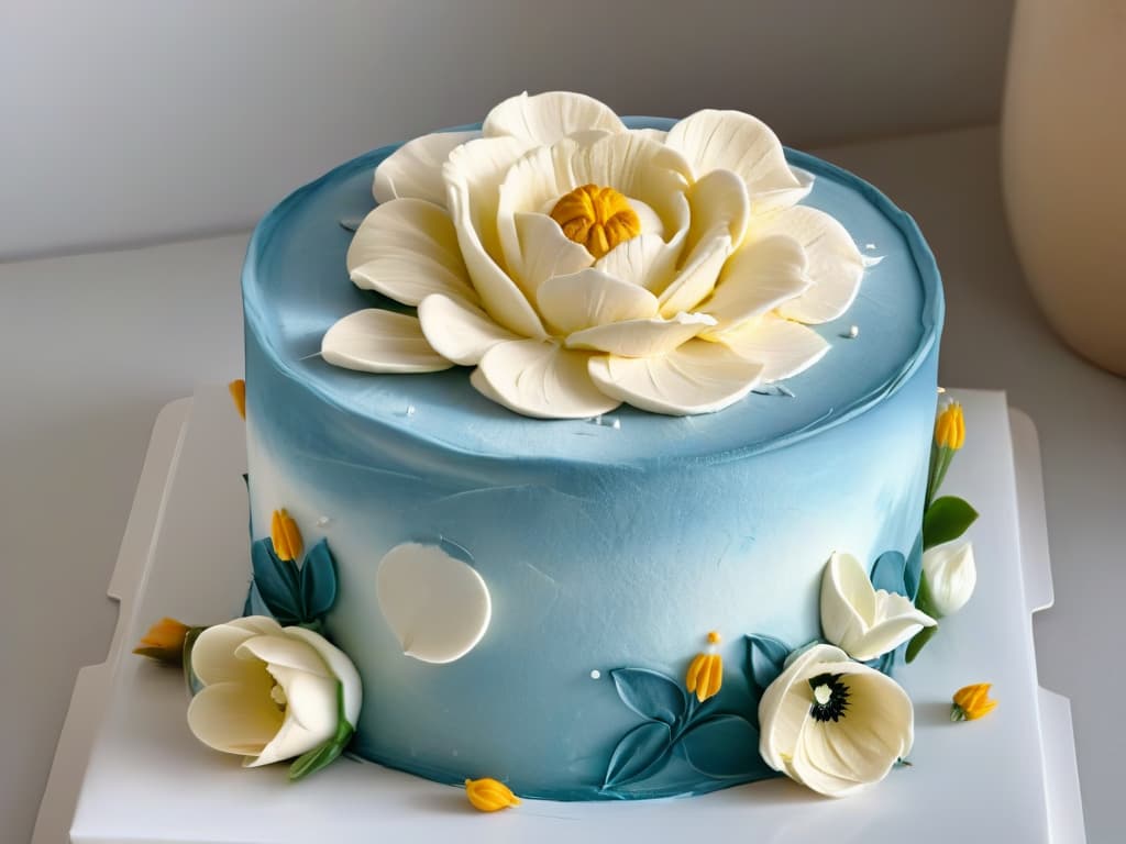  A closeup, ultradetailed image of a delicate buttercream flower being meticulously piped onto a cake, showcasing the intricate texture and skillful technique involved in traditional cake decorating. The image captures the precision and artistry of the process, with each petal and swirl of frosting adding a touch of elegance to the final creation. hyperrealistic, full body, detailed clothing, highly detailed, cinematic lighting, stunningly beautiful, intricate, sharp focus, f/1. 8, 85mm, (centered image composition), (professionally color graded), ((bright soft diffused light)), volumetric fog, trending on instagram, trending on tumblr, HDR 4K, 8K