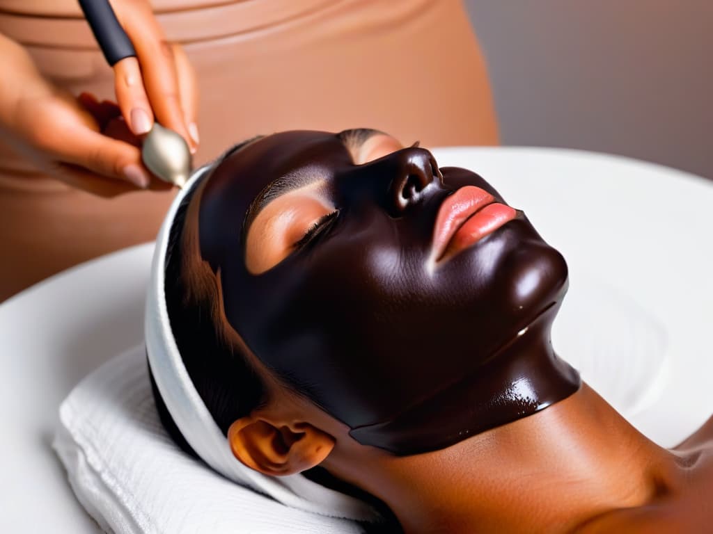  A serene and minimalist image featuring a closeup of a luxurious dark chocolate facial mask being applied to a person's face, showcasing the rich texture and deep brown color of the mask. The image captures the moment of selfcare and relaxation, with soft natural lighting highlighting the indulgent qualities of the chocolate treatment. hyperrealistic, full body, detailed clothing, highly detailed, cinematic lighting, stunningly beautiful, intricate, sharp focus, f/1. 8, 85mm, (centered image composition), (professionally color graded), ((bright soft diffused light)), volumetric fog, trending on instagram, trending on tumblr, HDR 4K, 8K