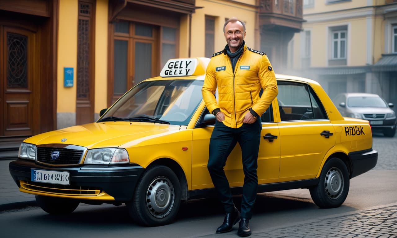  A Russian taxi driver smiles at the camera next to a yellow Geely car. hyperrealistic, full body, detailed clothing, highly detailed, cinematic lighting, stunningly beautiful, intricate, sharp focus, f/1. 8, 85mm, (centered image composition), (professionally color graded), ((bright soft diffused light)), volumetric fog, trending on instagram, trending on tumblr, HDR 4K, 8K