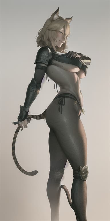  front View,  Perspective view,  detailed_background,  detailed face,  detailed skin,  detailed clothes,  complete body view,  masterpiece,  high quality,  best quality,  a female in a skyrim landscape background, Holding a knife,  With tiger ears and tail,  with medieval skyrim leather armor and straps,  Roman style black iron breastplate,  fluffly hairy pussy,  large black nails,  short golden fluffly hair,  Golden eye color,  Posing like a hentai,  honey select2,  big breast,  squishy tits,  big nipples,  pretty face and beauty complete body hq,  bimbo,  wet skin,  Body steam,  hot face,  ahegao eyes,  smiling face,  a lot of pubic hair,  Kim Hyung Tae artist,  shadbase artist reference