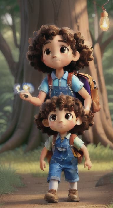  {The tree shining brightly and releasing a gentle, magical light., Riley, a curious with big brown eyes and curly hair, wearing overalls and carrying a small backpack. Their friend, Skye, a bluebird with shiny feathers.