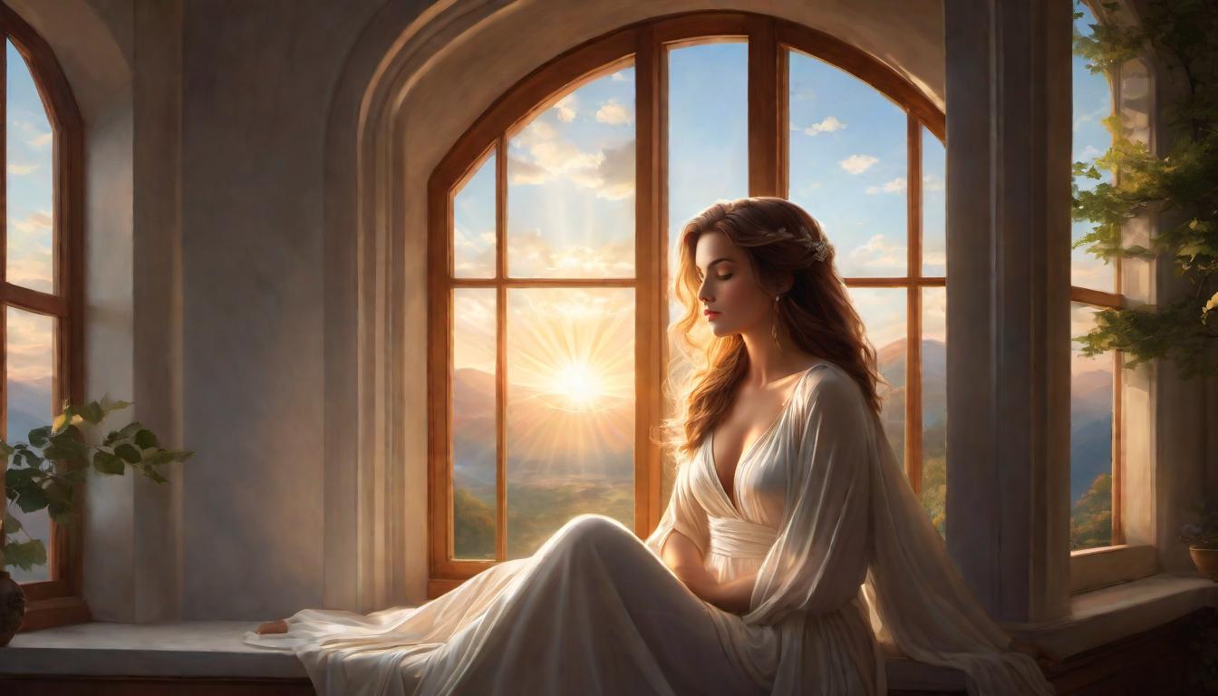  digital illustration, After waking from a profound dream, a figure sits by the window, rays of dawn illuminating their thoughtful face, a sense of having touched another world, morning reflection, tranquil, profound insights, looking at viewer, dynamic pose, (intricate details, masterpiece, best quality)