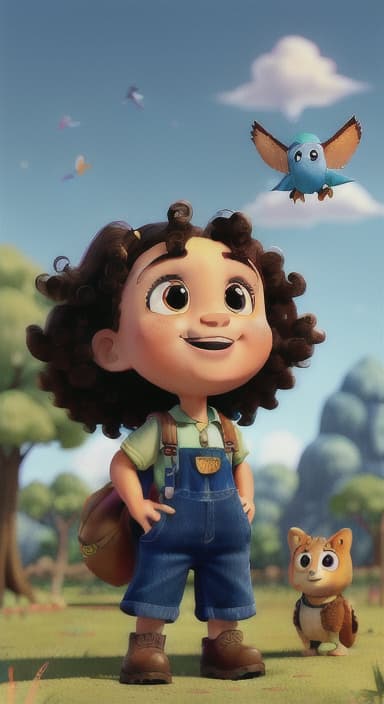  {Riley looking up at the tree with a big smile, animals surrounding them., Riley, a curious with big brown eyes and curly hair, wearing overalls and carrying a small backpack. Their friend, Skye, a bluebird with shiny feathers.