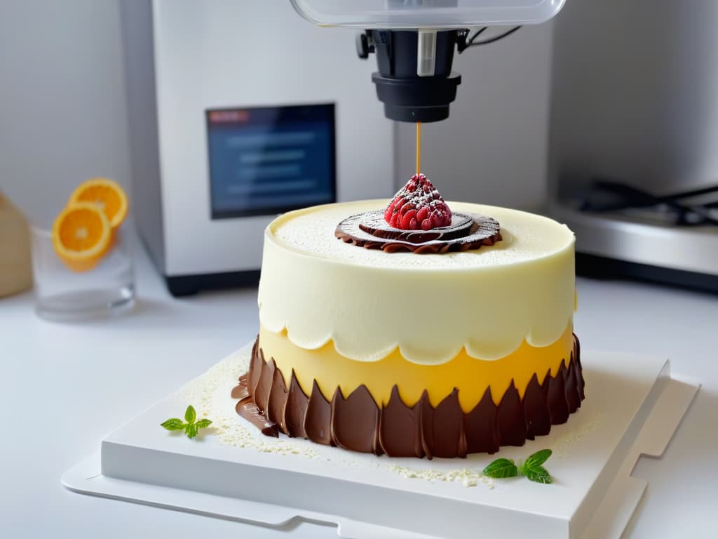  An ultradetailed 8k image of a sleek, modern 3D printer creating a intricate and ornate dessert sculpture in a clean, minimalist kitchen setting. The dessert being printed is a stunning, multilayered cake with delicate floral details, showcasing the cuttingedge technology and artistry behind 3D printed desserts. The image captures the precision and creativity involved in the future of 3D desserts, highlighting the fusion of culinary art and technology in a visually striking composition. hyperrealistic, full body, detailed clothing, highly detailed, cinematic lighting, stunningly beautiful, intricate, sharp focus, f/1. 8, 85mm, (centered image composition), (professionally color graded), ((bright soft diffused light)), volumetric fog, trending on instagram, trending on tumblr, HDR 4K, 8K