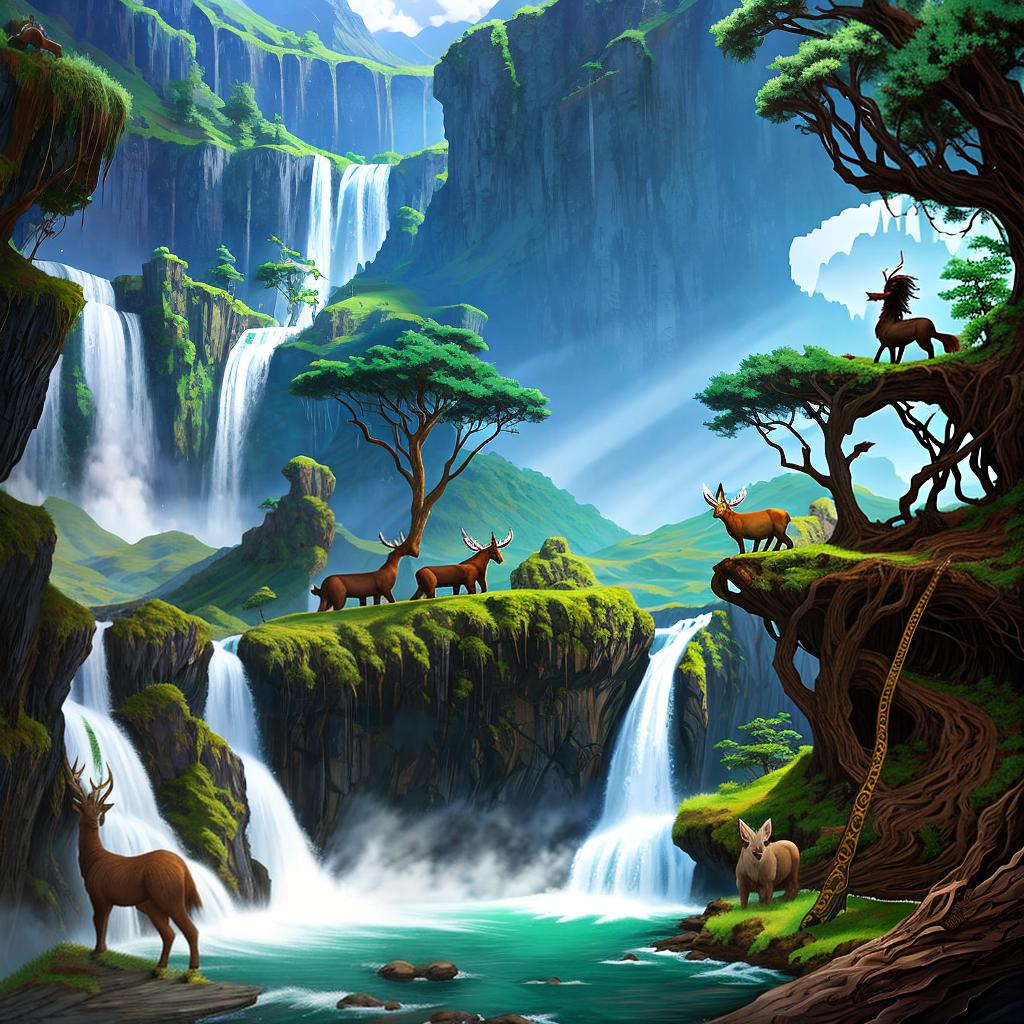  in a fantasy setting, Paint a surreal landscape where mythical beasts roam amidst cascading waterfalls.