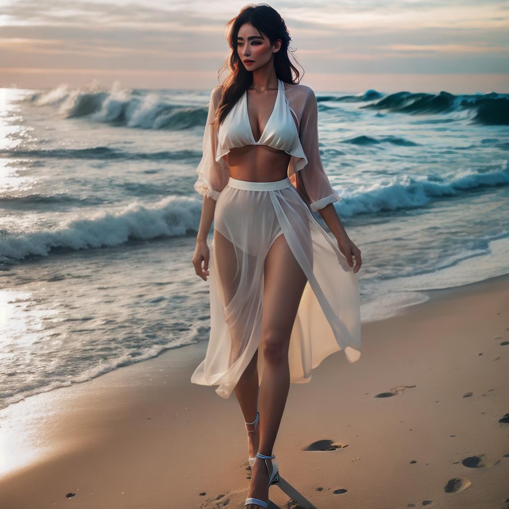  Girl on the beach hyperrealistic, full body, detailed clothing, highly detailed, cinematic lighting, stunningly beautiful, intricate, sharp focus, f/1. 8, 85mm, (centered image composition), (professionally color graded), ((bright soft diffused light)), volumetric fog, trending on instagram, trending on tumblr, HDR 4K, 8K