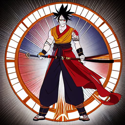  "Um guerreiro com cabelo preto espetado e olhos grandes e expressivos, combinando os estilos de Goku, Naruto e Luffy. Ele veste uma combinação das roupas de seus três mundos: a faixa laranja e azul de Naruto, o uniforme azul e laranja de Goku, e o colete vermelho com o símbolo do chapéu de palha de Luffy. Nas costas, carrega uma katana semelhante à de Zoro, e usa sandálias ninja. Seus punhos brilham com o poder do ki de Goku, cercado pelo manto de chakra de Nove Caudas de Naruto e pelo Haki de Luffy." hyperrealistic, full body, detailed clothing, highly detailed, cinematic lighting, stunningly beautiful, intricate, sharp focus, f/1. 8, 85mm, (centered image composition), (professionally color graded), ((bright soft diffused light)), volumetric fog, trending on instagram, trending on tumblr, HDR 4K, 8K