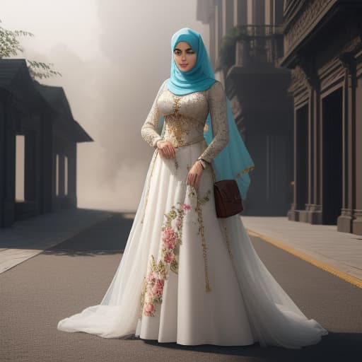  Hijab lady with floral outfit hyperrealistic, full body, detailed clothing, highly detailed, cinematic lighting, stunningly beautiful, intricate, sharp focus, f/1. 8, 85mm, (centered image composition), (professionally color graded), ((bright soft diffused light)), volumetric fog, trending on instagram, trending on tumblr, HDR 4K, 8K