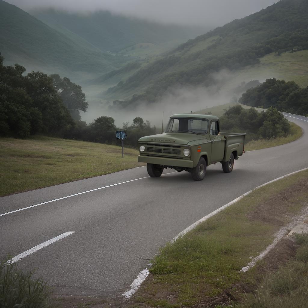  Masterpiece, best quality, masterpiece, 8k resolution, realistic, highly detailed. On a foggy concrete hillside road, an army green pickup is surveying the road ahead, hesitating.