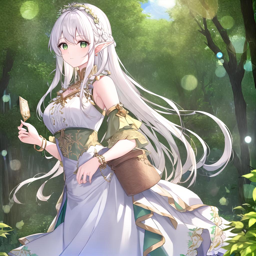  masterpiece, best quality,(Masterpiece, Best quality, High quality, High level, Ultra detailed), Realism, 1 sweet girl, Bigger,(side braid: 1.1), long hair,((white hair)), leaf hair accessory, elf, green eyes, pale skin, bare shoulders, jewelry, white dress,(separated sleeves: 1.1), bracelet,(look away: 1.2),(hair floating: 1.3), from the side,(in forest: 1.3),(lens flare from right: 1.2)