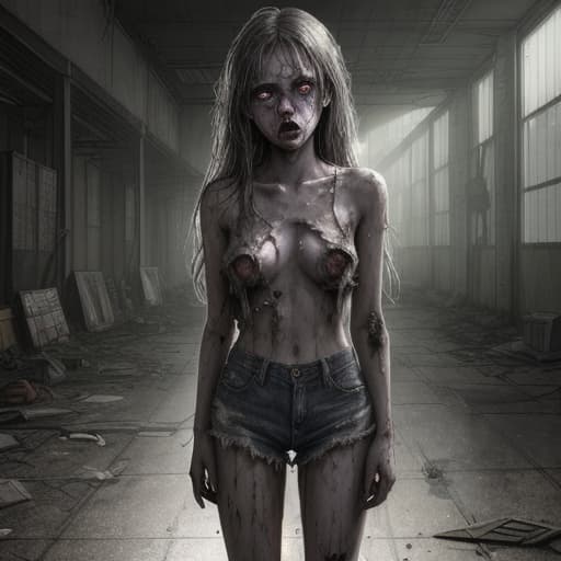  young, , fully , , , ahegao, 80's fantasy art, A frightened young wearing tattered clothes, standing in a dark and damp warehouse. The has visible bruises and scratches on her body, her hair is messy and her face shows signs of exhaustion and trauma. She looks vulnerable and scared, with her large eyes filled with fear as she stands in a poorly lit, abandoned environment.