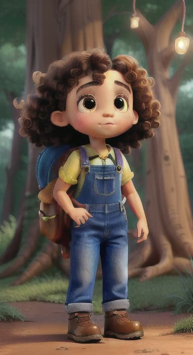  {The tree shining brightly and releasing a gentle, magical light., Riley, a curious with big brown eyes and curly hair, wearing overalls and carrying a small backpack. Their friend, Skye, a bluebird with shiny feathers.