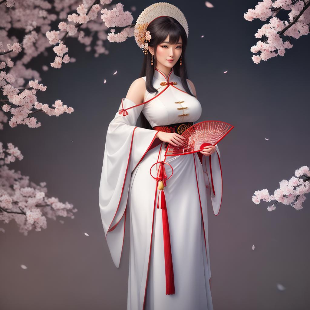  ((Masterpiece)), (((best quality))), 8k, high detailed, ultra-detailed. A beautiful woman posing in a traditional Chinese costume, holding a delicate fan, with cherry blossom trees in the background, softly blooming under the moonlight. hyperrealistic, full body, detailed clothing, highly detailed, cinematic lighting, stunningly beautiful, intricate, sharp focus, f/1. 8, 85mm, (centered image composition), (professionally color graded), ((bright soft diffused light)), volumetric fog, trending on instagram, trending on tumblr, HDR 4K, 8K