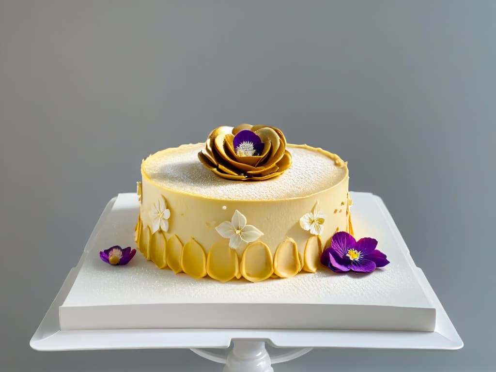  An image of a delicate, handcrafted pastry being carefully placed on a sleek, modern display stand. The pastry is adorned with intricate details like edible flowers and gold leaf, showcasing the artistry and precision that goes into creating fair trade baked goods. The background is a soft, neutral color to emphasize the elegant simplicity of the scene, with gentle lighting highlighting the textures and colors of the pastry. hyperrealistic, full body, detailed clothing, highly detailed, cinematic lighting, stunningly beautiful, intricate, sharp focus, f/1. 8, 85mm, (centered image composition), (professionally color graded), ((bright soft diffused light)), volumetric fog, trending on instagram, trending on tumblr, HDR 4K, 8K