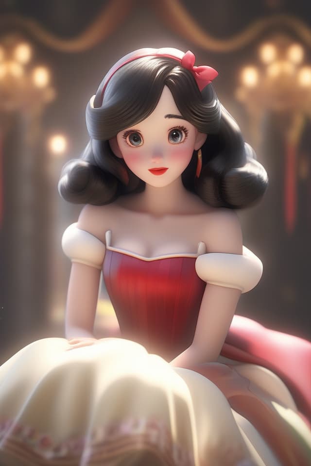  森の中、Masterpiece,Disney character,Snow White,black hair,bobbed hair,ribbon,beautiful girl,in dress,8k,16k,high quality