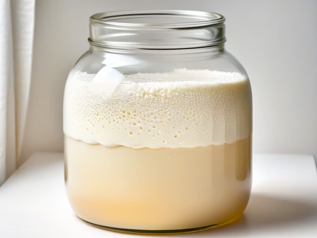  An ultradetailed closeup image of a sourdough starter bubbling and fermenting in a glass jar, showcasing the natural fermentation process with bubbles of all sizes and textures, set against a clean and simple white background. hyperrealistic, full body, detailed clothing, highly detailed, cinematic lighting, stunningly beautiful, intricate, sharp focus, f/1. 8, 85mm, (centered image composition), (professionally color graded), ((bright soft diffused light)), volumetric fog, trending on instagram, trending on tumblr, HDR 4K, 8K