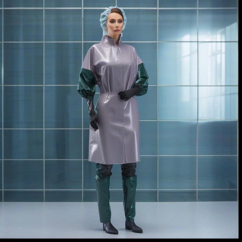  "(Highly detailed: 1.2), (lone female surgeon standing: 1.1) in (glossy latex: 1.2) (dark green: 1.1) and (dark blue: 1.1), (full length: 1.2), (front view: 1.2), (full face:1.2), • Surgical outfit: (Glossy Straight Fit Latex Surgical Gown: 1.1), (Fit Size: 1.1), (Knee Length: 1.2), (Closed Collar: 1.1), (No Pockets: 1.1), (elastic waistband: 1.1), (long sleeves: 1.1), (elastic cuffs: 1.1), (glossy shower cap with elastic ribbon: 1.1, (surgical mask with glossy ribbon ties: 1.2), (ankle length surgical trousers in glossy latex: 1.1), (shoe covers: 1.1) (knee high: 1.1) or (boot style: 1.1), (long surgical gloves: 1.1). • two color surgical gown: (The gown is worn backwards, fastened at the back, tied at the neck and waist) (The dress i hyperrealistic, full body, detailed clothing, highly detailed, cinematic lighting, stunningly beautiful, intricate, sharp focus, f/1. 8, 85mm, (centered image composition), (professionally color graded), ((bright soft diffused light)), volumetric fog, trending on instagram, trending on tumblr, HDR 4K, 8K