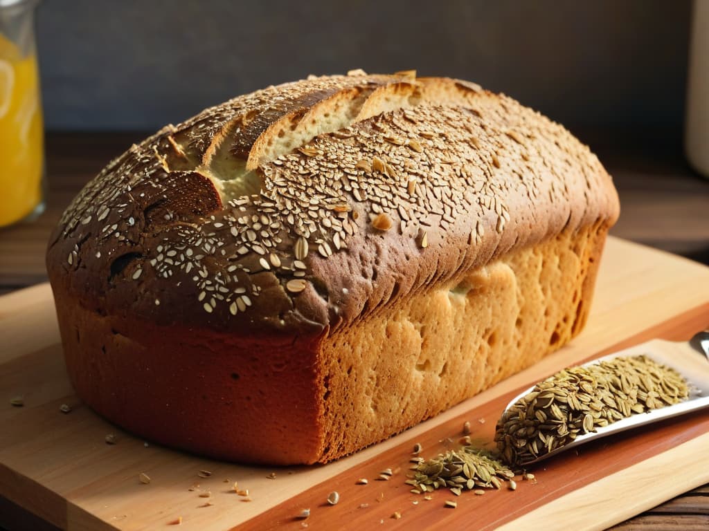  A closeup, photorealistic image of a freshly baked chia seed and flaxseed bread loaf resting on a rustic wooden cutting board. The bread has a goldenbrown crust, with visible specks of chia and flaxseeds scattered on its surface. Crumbs are delicately falling off as a serrated knife cuts into the loaf, revealing a soft, airy crumb structure filled with nutritious seeds. The warm glow of natural light highlights the textures and contrasts of the bread, showcasing its wholesome ingredients and inviting, homemade appeal. hyperrealistic, full body, detailed clothing, highly detailed, cinematic lighting, stunningly beautiful, intricate, sharp focus, f/1. 8, 85mm, (centered image composition), (professionally color graded), ((bright soft diffused light)), volumetric fog, trending on instagram, trending on tumblr, HDR 4K, 8K