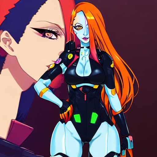 The anime woman stands tall. The anime woman is wearing futuristic clothes. the hair is orange in color. gloves are on his hands. over-detailed face and eyes and lips and nose and pupils and hands.