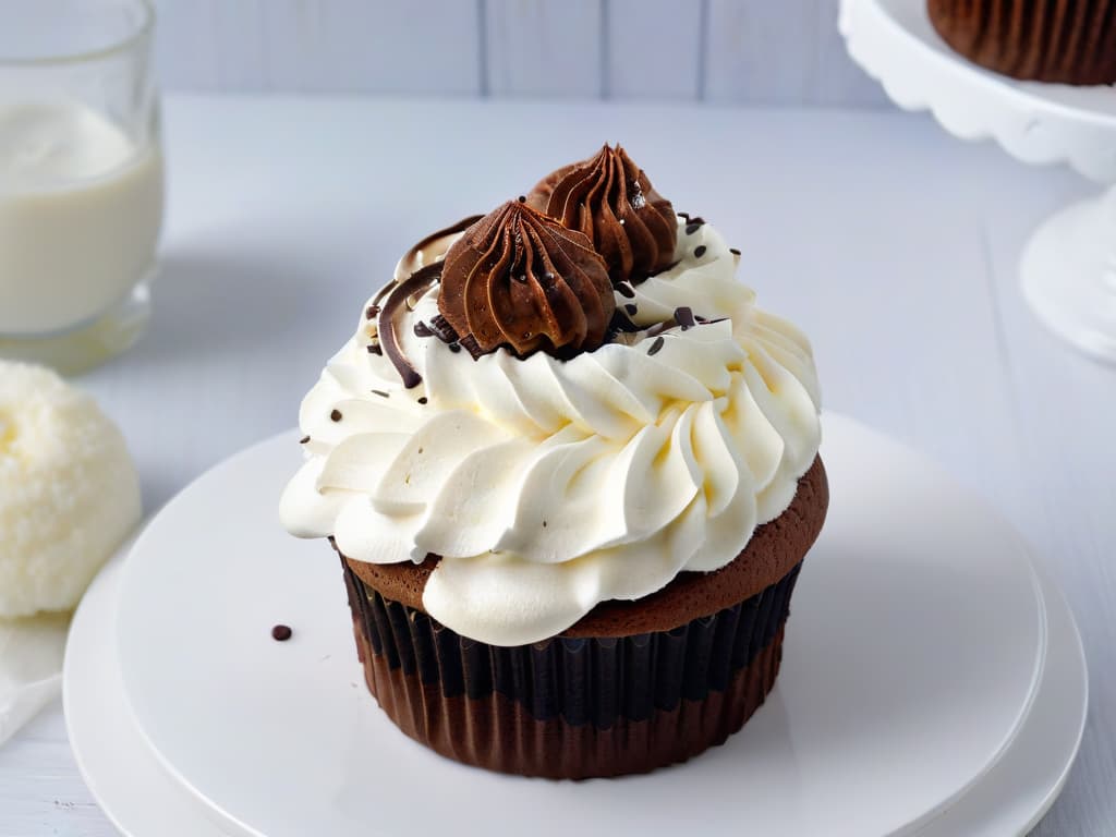  A closeup, ultradetailed image of a dollop of creamy, rich dairyfree coconut milk whipped cream elegantly swirling on top of a freshly baked vegan chocolate cupcake. The whipped cream is perfectly piped with intricate ridges and peaks, showcasing its light and fluffy texture. The cupcake is dusted with a delicate sprinkle of cocoa powder, adding a touch of sophistication to the decadent dessert. The contrast between the dark chocolate cupcake and the snowy white whipped cream creates a visually striking and mouthwatering composition that embodies the essence of indulgent dairyfree baking. hyperrealistic, full body, detailed clothing, highly detailed, cinematic lighting, stunningly beautiful, intricate, sharp focus, f/1. 8, 85mm, (centered image composition), (professionally color graded), ((bright soft diffused light)), volumetric fog, trending on instagram, trending on tumblr, HDR 4K, 8K