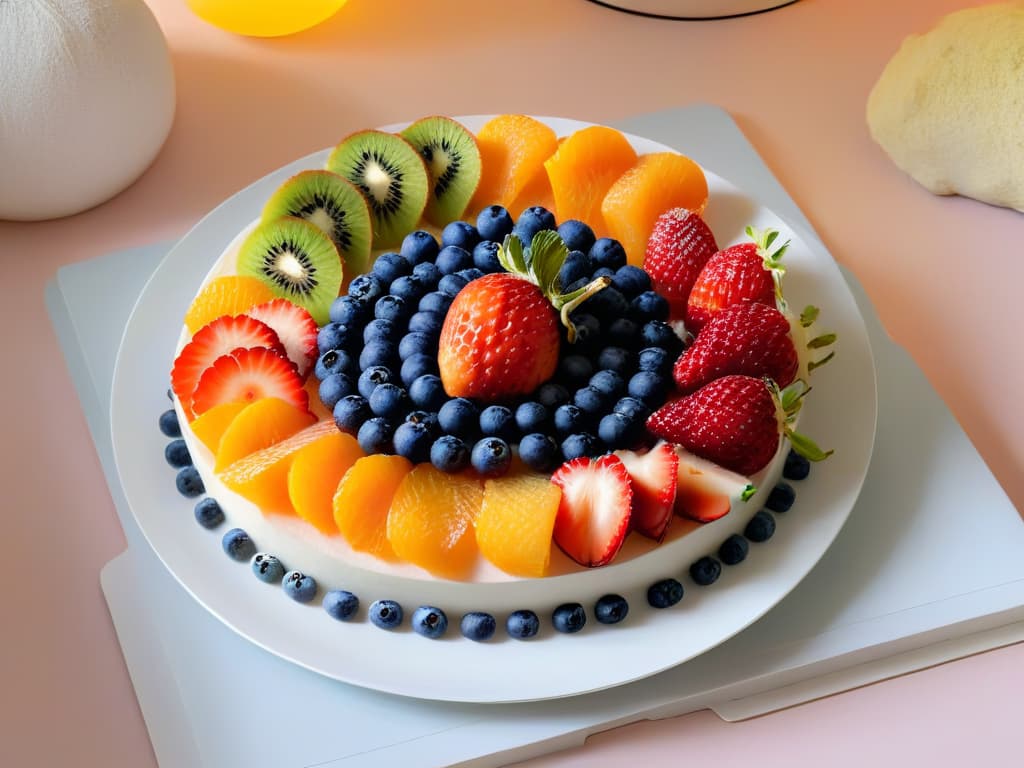  A minimalistic image of a beautifully arranged fruit platter with colorful slices of kiwi, strawberries, oranges, and blueberries on a sleek white plate, set against a soft pastel background to convey a sense of freshness and healthy dessert options rich in fiber. hyperrealistic, full body, detailed clothing, highly detailed, cinematic lighting, stunningly beautiful, intricate, sharp focus, f/1. 8, 85mm, (centered image composition), (professionally color graded), ((bright soft diffused light)), volumetric fog, trending on instagram, trending on tumblr, HDR 4K, 8K