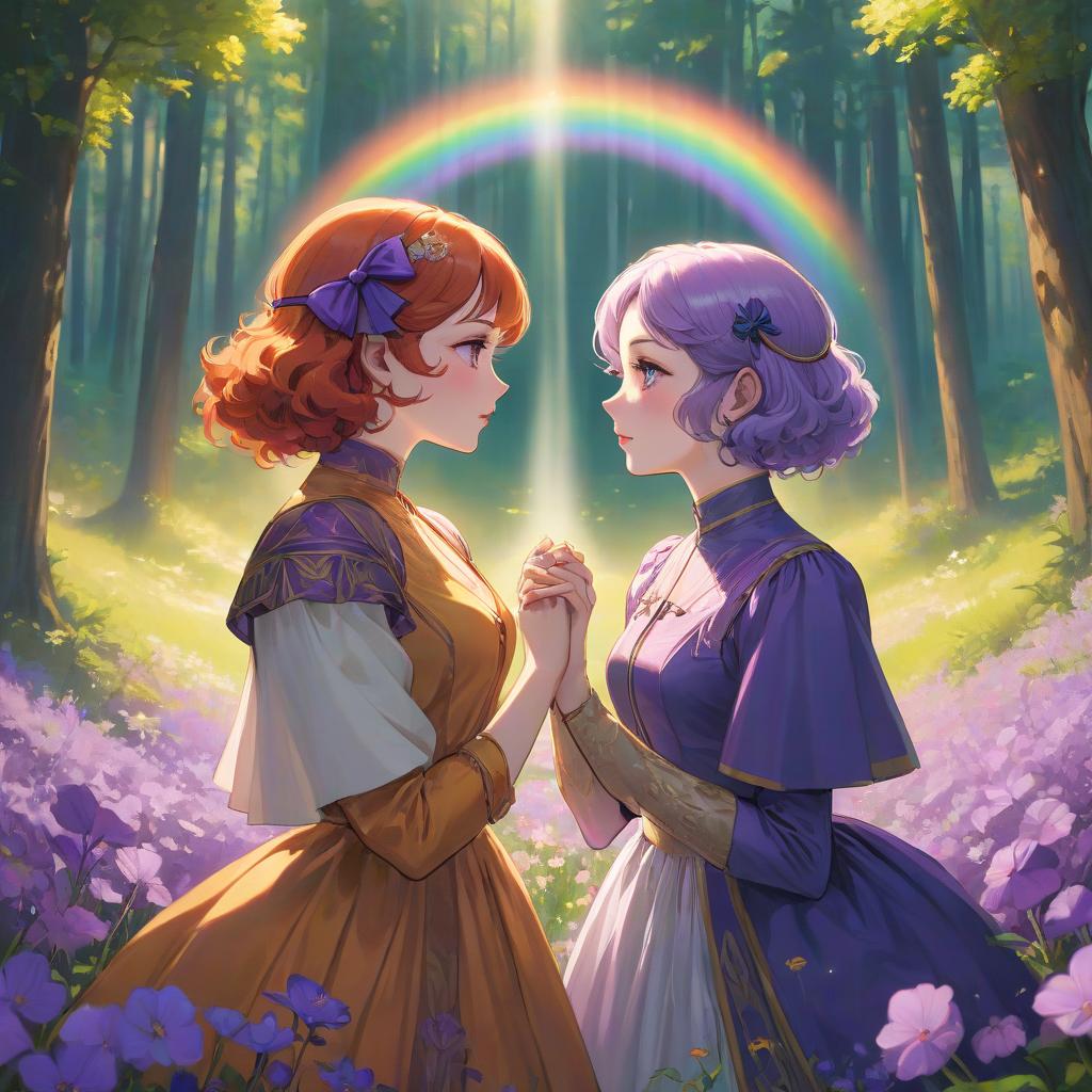  Art Deco style Two adult women hold hands, lovingly looking into each other's eyes. They sit in a field of violet flowers, with a green forest and a double rainbow in the background. The left woman has short violet hair with a bow on her left eye, pale skin, green eyes, and a snub nose. The second woman has long red curly hair, blue eyes, and a raised nose. They are wearing modern purple orange yellow clothes. . geometric shapes, bold colors, luxurious, elegant, decorative, symmetrical, ornate, detailed hyperrealistic, full body, detailed clothing, highly detailed, cinematic lighting, stunningly beautiful, intricate, sharp focus, f/1. 8, 85mm, (centered image composition), (professionally color graded), ((bright soft diffused light)), volumetric fog, trending on instagram, trending on tumblr, HDR 4K, 8K