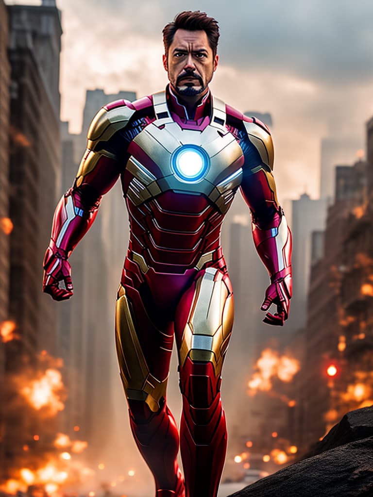  ironman tony stark in cinematic poster hyperrealistic, full body, detailed clothing, highly detailed, cinematic lighting, stunningly beautiful, intricate, sharp focus, f/1. 8, 85mm, (centered image composition), (professionally color graded), ((bright soft diffused light)), volumetric fog, trending on instagram, trending on tumblr, HDR 4K, 8K