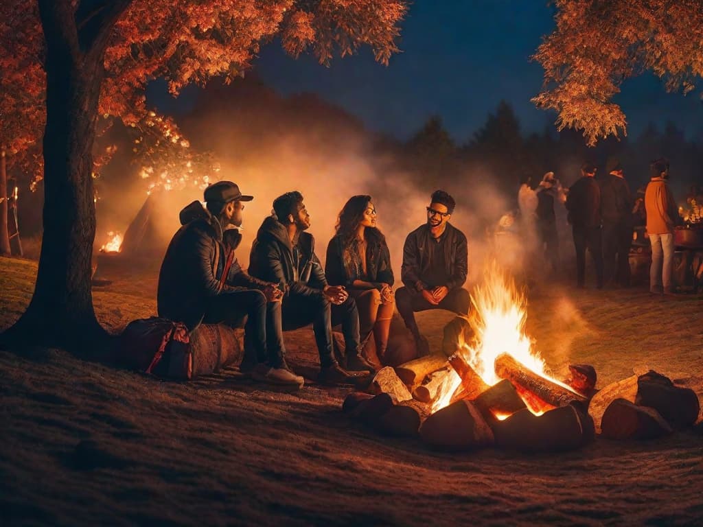  A group of people gathered around a glowing campfire, smiling and chatting animatedly. In the background, a starry sky and the silhouette of trees create a cozy and relaxed atmosphere. The image captures the sense of community and positivity as users come together to praise Hi-Fi Rush after Microsoft's closure of Tango Gameworks.digital art, ilustration hyperrealistic, full body, detailed clothing, highly detailed, cinematic lighting, stunningly beautiful, intricate, sharp focus, f/1. 8, 85mm, (centered image composition), (professionally color graded), ((bright soft diffused light)), volumetric fog, trending on instagram, trending on tumblr, HDR 4K, 8K