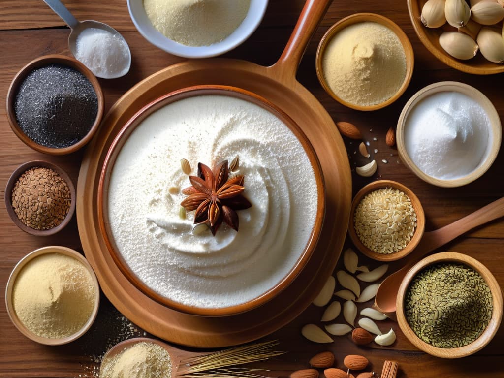  A minimalist and elegant image of a variety of glutenfree baking ingredients neatly arranged on a light wooden table, including almond flour, coconut flour, arrowroot powder, xanthan gum, and different types of seeds like chia and flaxseed. The focus is on the natural textures and earthy colors of the ingredients, capturing the essence of glutenfree baking in a serene and visually appealing way. hyperrealistic, full body, detailed clothing, highly detailed, cinematic lighting, stunningly beautiful, intricate, sharp focus, f/1. 8, 85mm, (centered image composition), (professionally color graded), ((bright soft diffused light)), volumetric fog, trending on instagram, trending on tumblr, HDR 4K, 8K