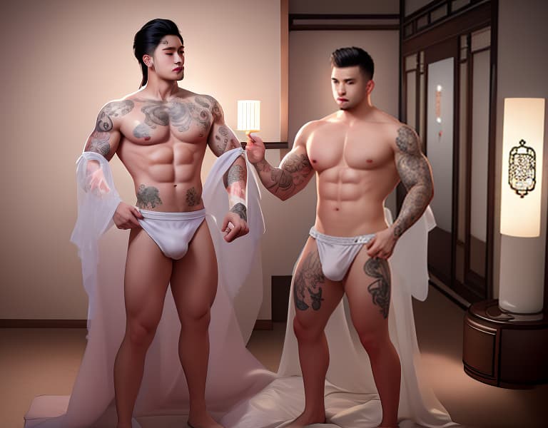  tattooed Chinese men bodybuilders with lace are making love in a hotel，gays，salves，big bulge and ass，Asian，naked whole body， hyperrealistic, full body, detailed clothing, highly detailed, cinematic lighting, stunningly beautiful, intricate, sharp focus, f/1. 8, 85mm, (centered image composition), (professionally color graded), ((bright soft diffused light)), volumetric fog, trending on instagram, trending on tumblr, HDR 4K, 8K