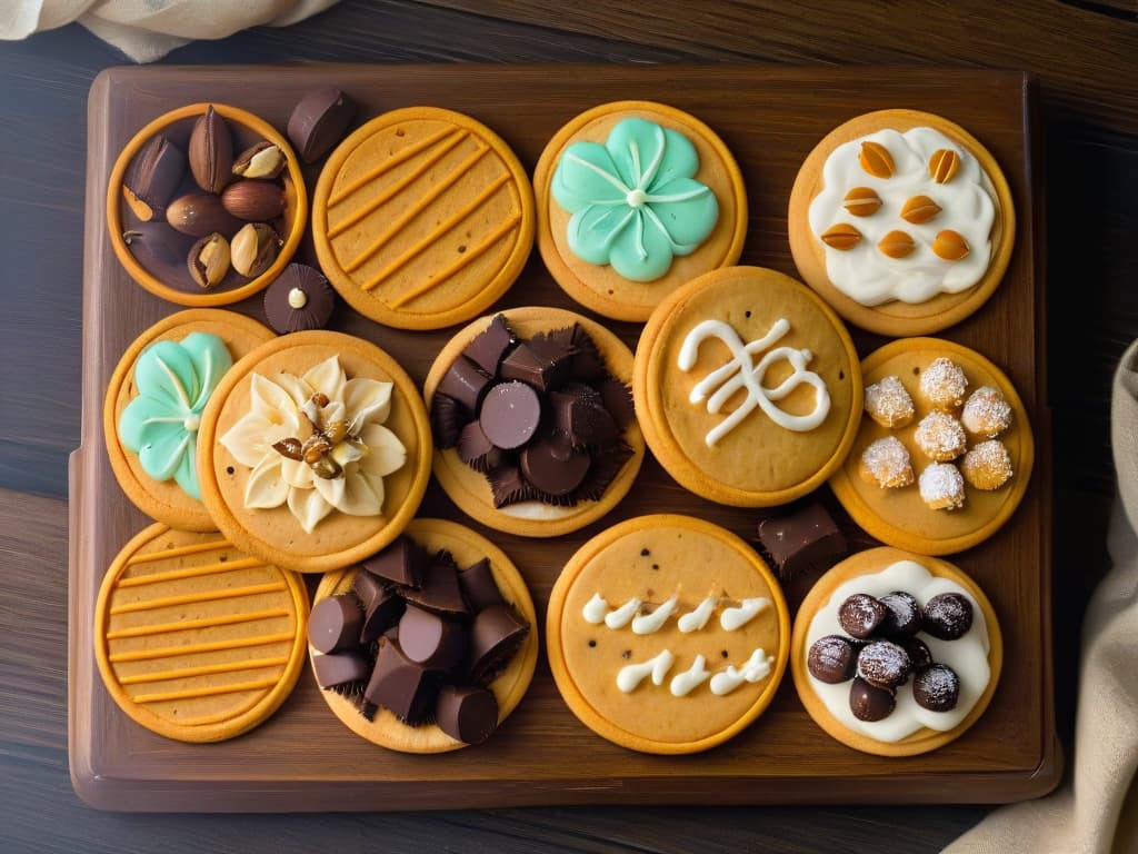  An ultradetailed image of a beautifully arranged variety of glutenfree cookies on a rustic wooden table. The cookies are intricately decorated with colorful icing, nuts, and chocolate chips, showcasing different shapes and textures. The lighting is soft and natural, highlighting the details of each cookie, making them look irresistibly delicious and inviting. hyperrealistic, full body, detailed clothing, highly detailed, cinematic lighting, stunningly beautiful, intricate, sharp focus, f/1. 8, 85mm, (centered image composition), (professionally color graded), ((bright soft diffused light)), volumetric fog, trending on instagram, trending on tumblr, HDR 4K, 8K