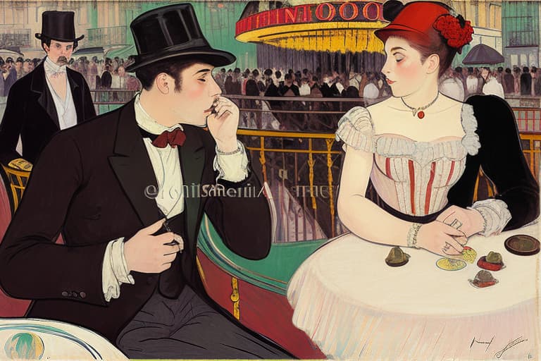  attractive young Parisian couple dressed in modern designer outfits who are romantically together in Paris. Foreground a small plate of fine dark chocolates on a bedside table. Background dusk with a light of the inside the Moulin Rouge during a show. Painting style of Henri de Toulouse-Lautrec