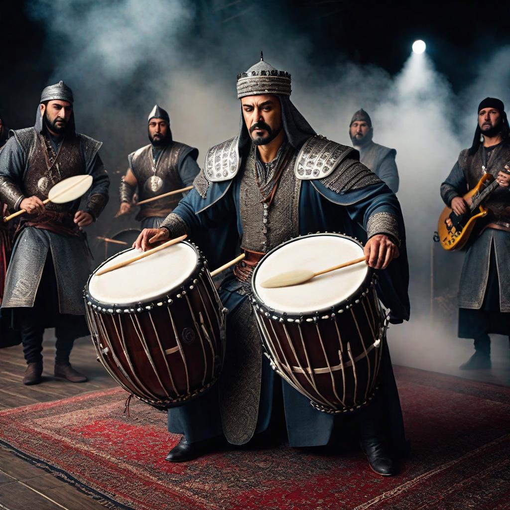  Commoner medieval turkish in basic medieval islamic clothing man playing drums in a heavy metal band hyperrealistic, full body, detailed clothing, highly detailed, cinematic lighting, stunningly beautiful, intricate, sharp focus, f/1. 8, 85mm, (centered image composition), (professionally color graded), ((bright soft diffused light)), volumetric fog, trending on instagram, trending on tumblr, HDR 4K, 8K