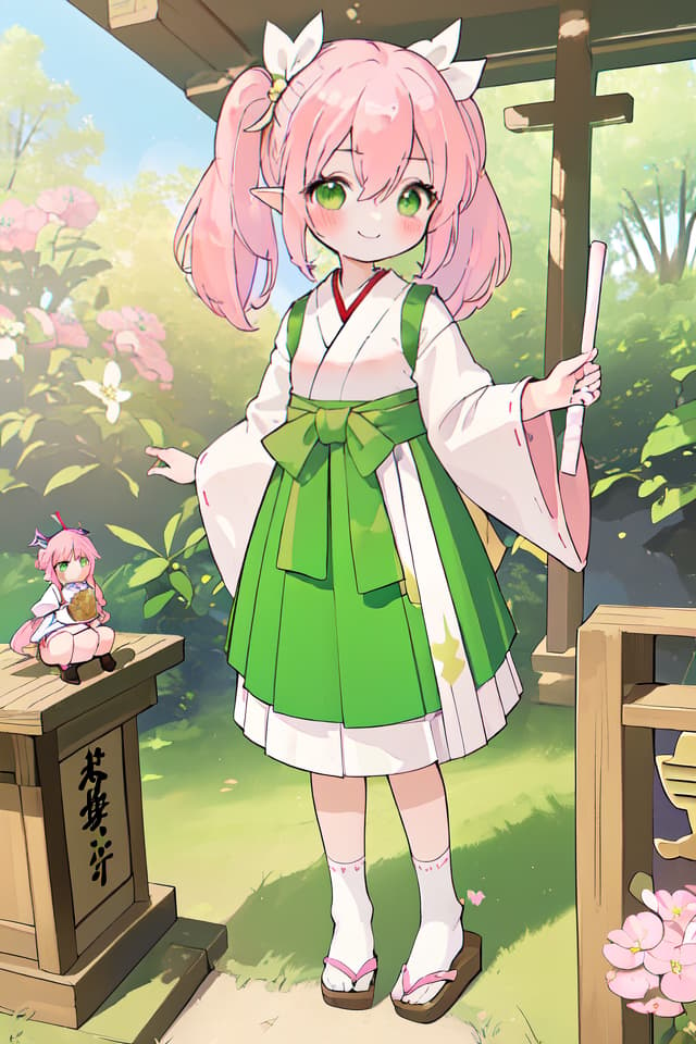  (Best masterpiece: 1.5),(Highest image quality),(Super detail),(Super precision),(Super beautiful CG),(8K),1girl,elf,solo,looking at viewer,blush,bangs,yellow green eyes,hair between eyes,Smile,pink hair,twintail hair,close up,headband,shrine maiden costume,Hakama,Hakama are worn,white tabi socks,straw sandals,shrine,midday sunshine,Hi angle,