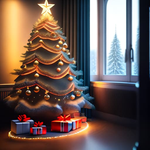 estilovintedois estilovintedois beautiful Christmas tree in room decorated with light toys for the New Year holiday, cozy home, hyper detailed, very detailed, photo, photorealism, realistic, cinematic, winter forest landscape, no text, best quality, high quality photography, 8K, 4K hyperrealistic, full body, detailed clothing, highly detailed, cinematic lighting, stunningly beautiful, intricate, sharp focus, f/1. 8, 85mm, (centered image composition), (professionally color graded), ((bright soft diffused light)), volumetric fog, trending on instagram, trending on tumblr, HDR 4K, 8K