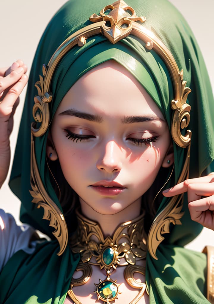  ((User a girl wearing a  green hijab, with her eyes closed and  Raise  hand to make a supplication. ฺ background transparency)),(), beautiful, high quality,masterpiece,extremely detailed,high res,4k,ultra high res,detailed shadow,ultra realistic,dramatic lighting,bright light